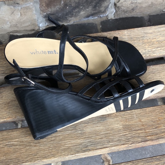 Whitemt. Wedge Strappy Sandals Black Leather. 10M - Picture 4 of 5